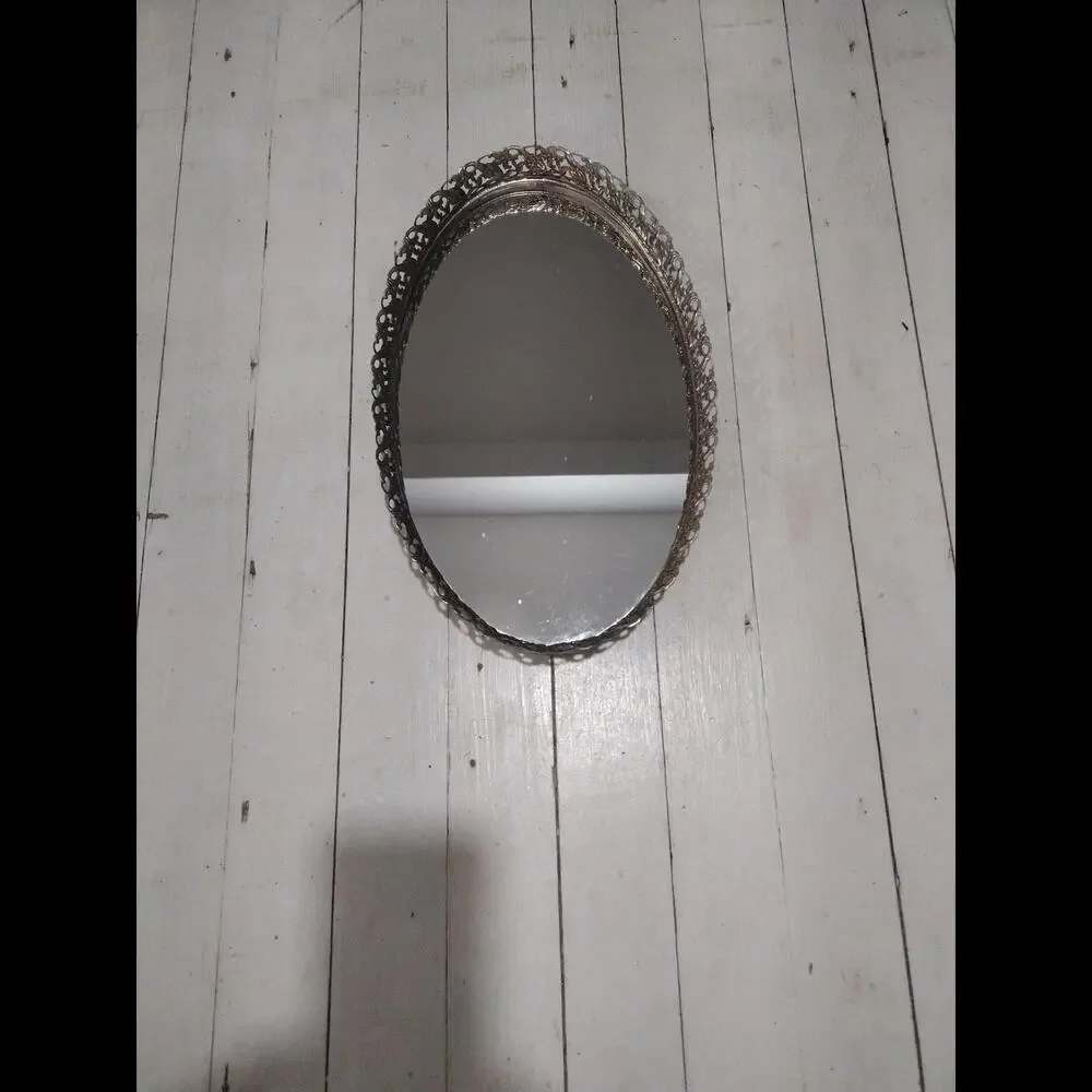 Vintage Hollywood Regency metal and mirror vanity tray oval